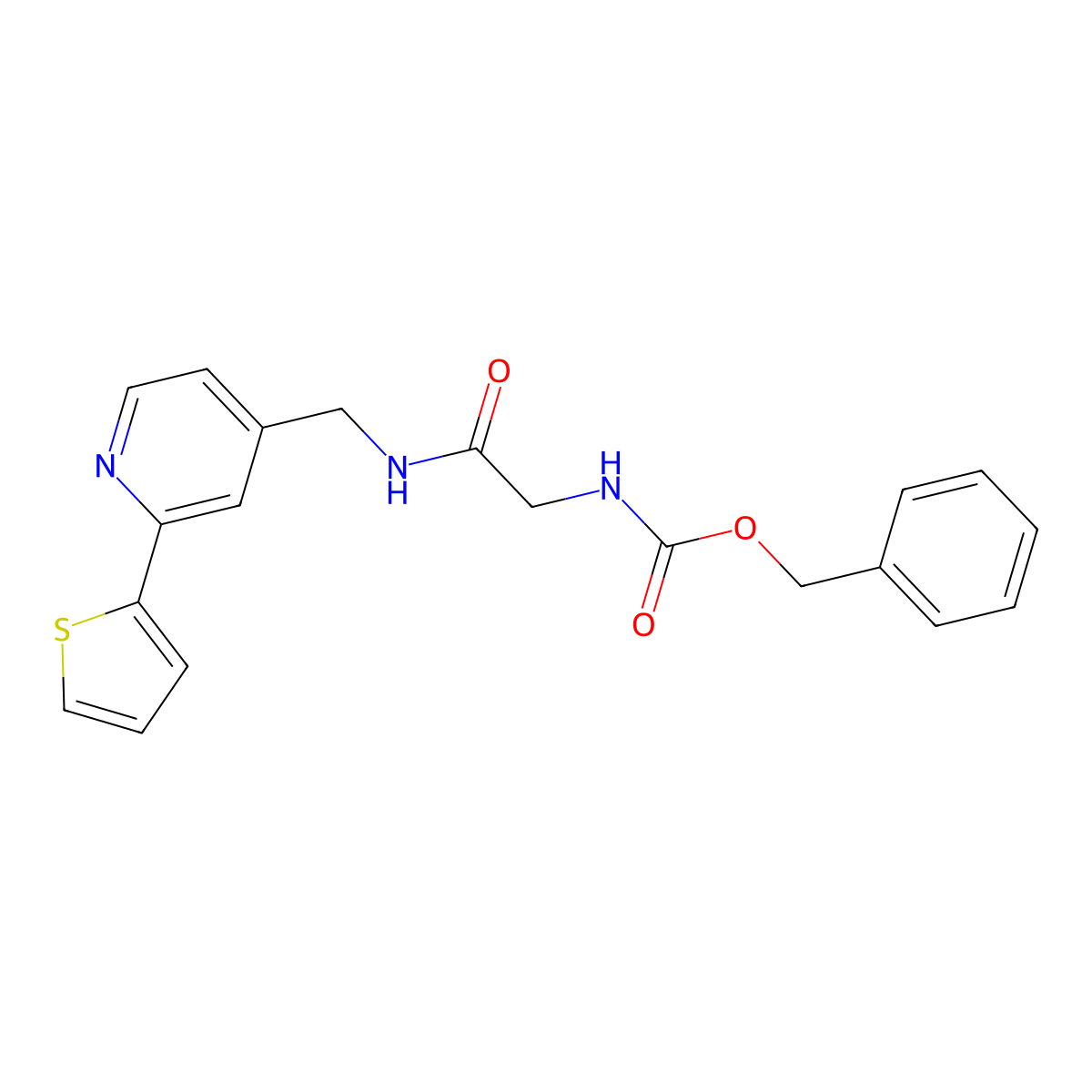 Benzyl (2-oxo-2-(((2-(thiophen-2-yl)pyridin-4-yl)methyl)amino)ethyl)carbamate molecular structure, CAS 2034271-28-6