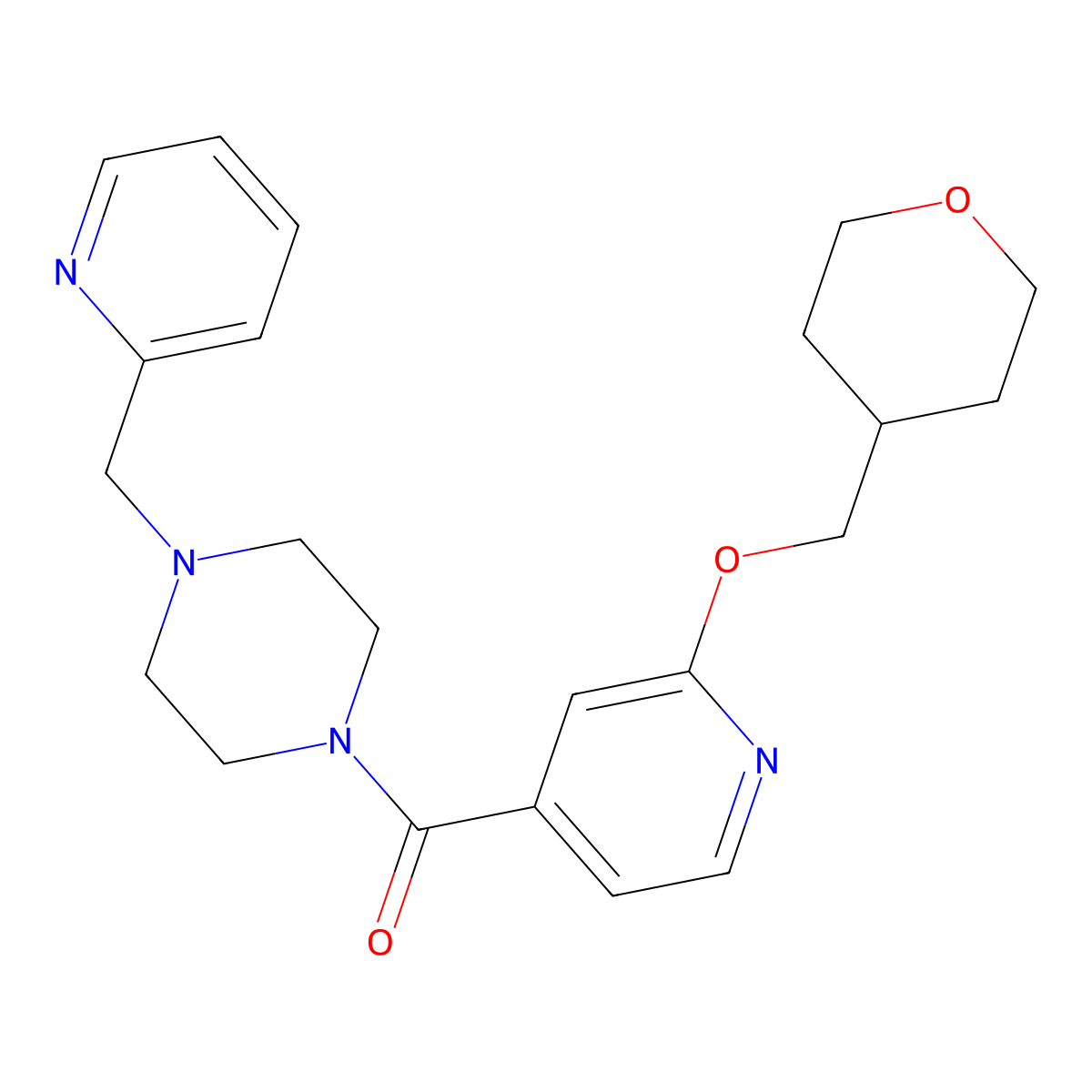 (4-(pyridin-2-ylmethyl)piperazin-1-yl)(2-((tetrahydro-2H-pyran-4-yl)methoxy)pyridin-4-yl)methanone molecular structure, CAS 2034271-30-0