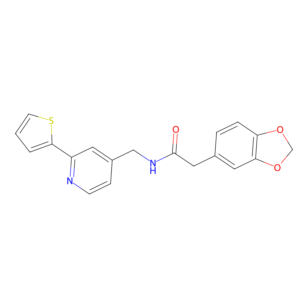 2-(benzo[d][1,3]dioxol-5-yl)-N-((2-(thiophen-2-yl)pyridin-4-yl)methyl)acetamide molecular structure, CAS 2034271-34-4