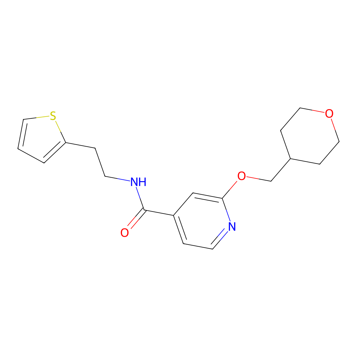 2-((tetrahydro-2H-pyran-4-yl)methoxy)-N-(2-(thiophen-2-yl)ethyl)isonicotinamide molecular structure, CAS 2034271-36-6