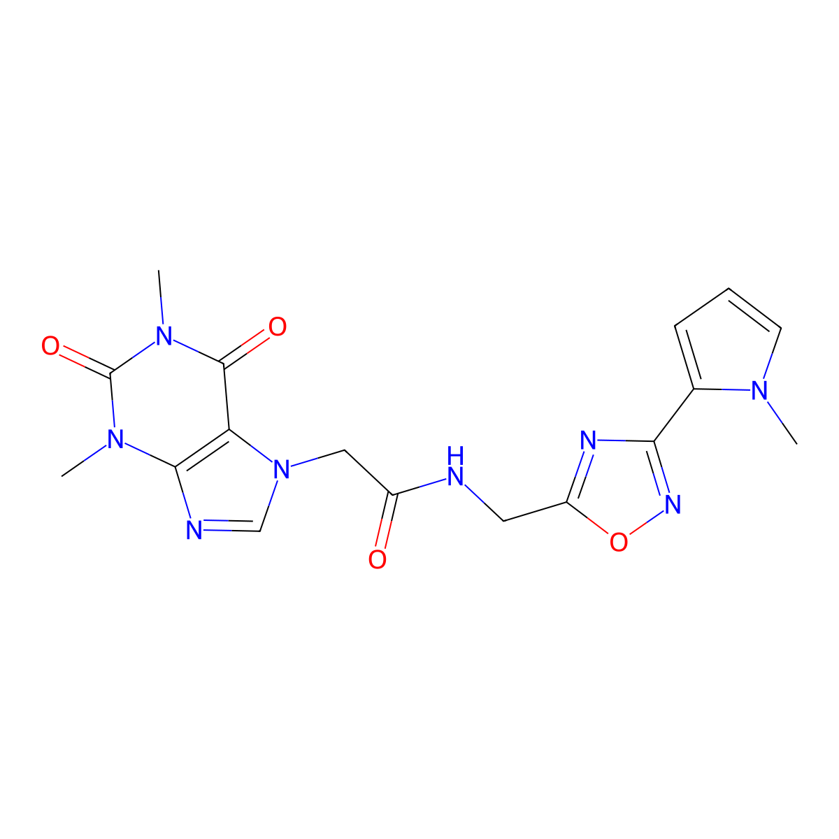2-(1,3-dimethyl-2,6-dioxo-2,3-dihydro-1H-purin-7(6H)-yl)-N-((3-(1-methyl-1H-pyrrol-2-yl)-1,2,4-oxadiazol-5-yl)methyl)acetamide molecular structure, CAS 2034271-42-4