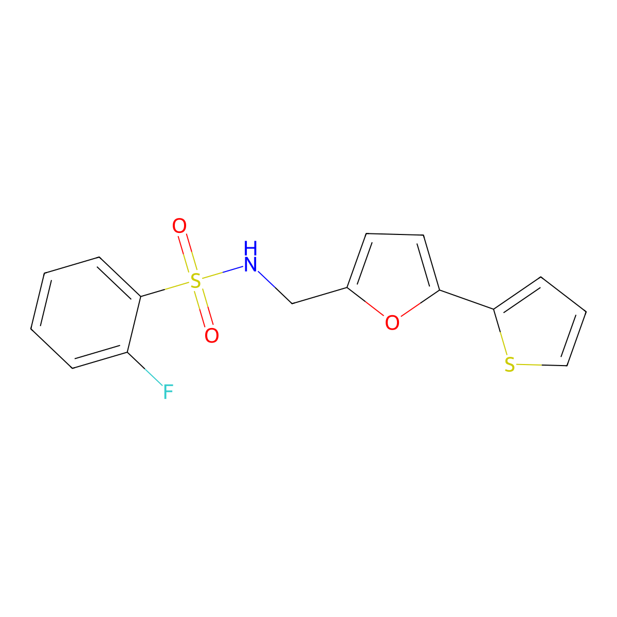 2-fluoro-N-((5-(thiophen-2-yl)furan-2-yl)methyl)benzenesulfonamide molecular structure, CAS 2034271-43-5