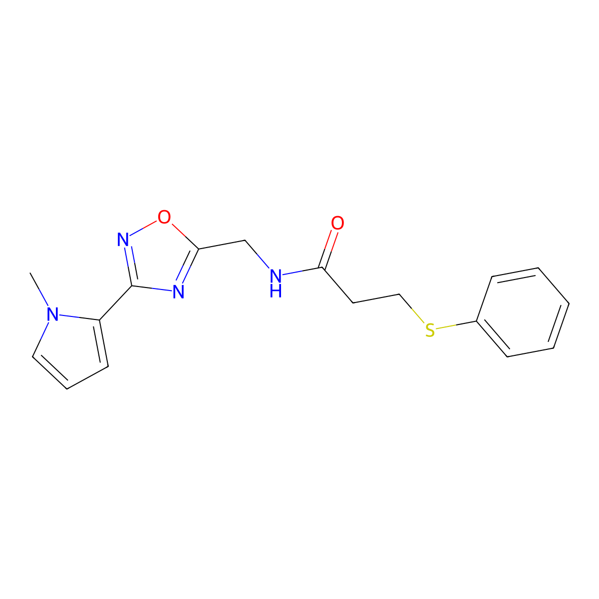 N-((3-(1-methyl-1H-pyrrol-2-yl)-1,2,4-oxadiazol-5-yl)methyl)-3-(phenylthio)propanamide molecular structure, CAS 2034271-46-8