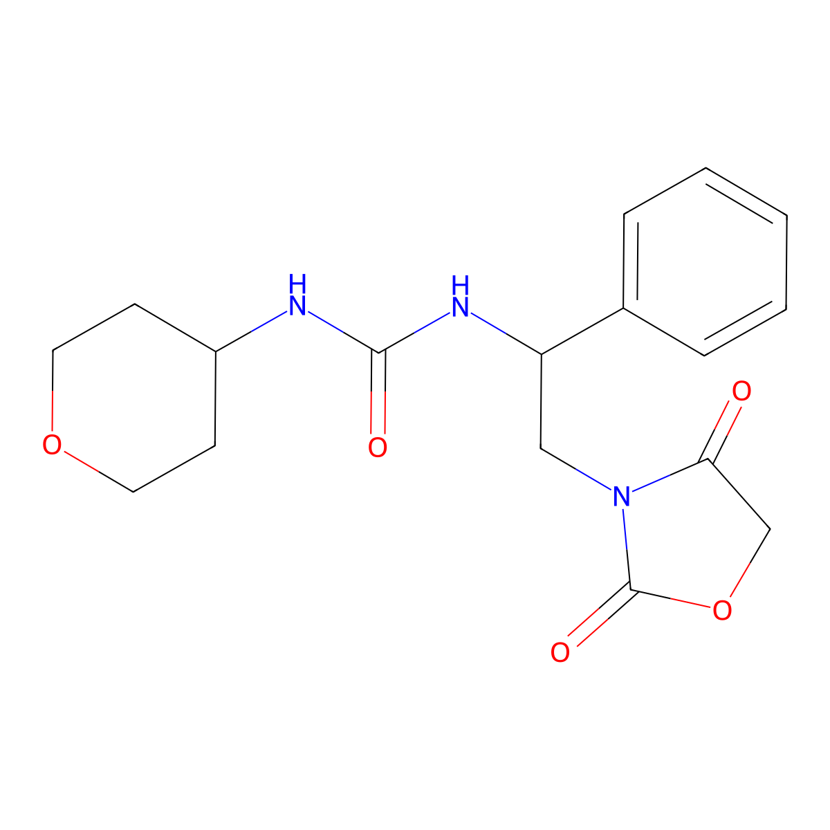 1-(2-(2,4-dioxooxazolidin-3-yl)-1-phenylethyl)-3-(tetrahydro-2H-pyran-4-yl)urea molecular structure, CAS 2034271-51-5