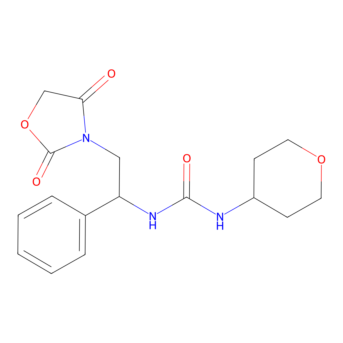 1-(2-(2,4-dioxooxazolidin-3-yl)-1-phenylethyl)-3-(tetrahydro-2H-pyran-4-yl)urea molecular structure, CAS 2034271-51-5
