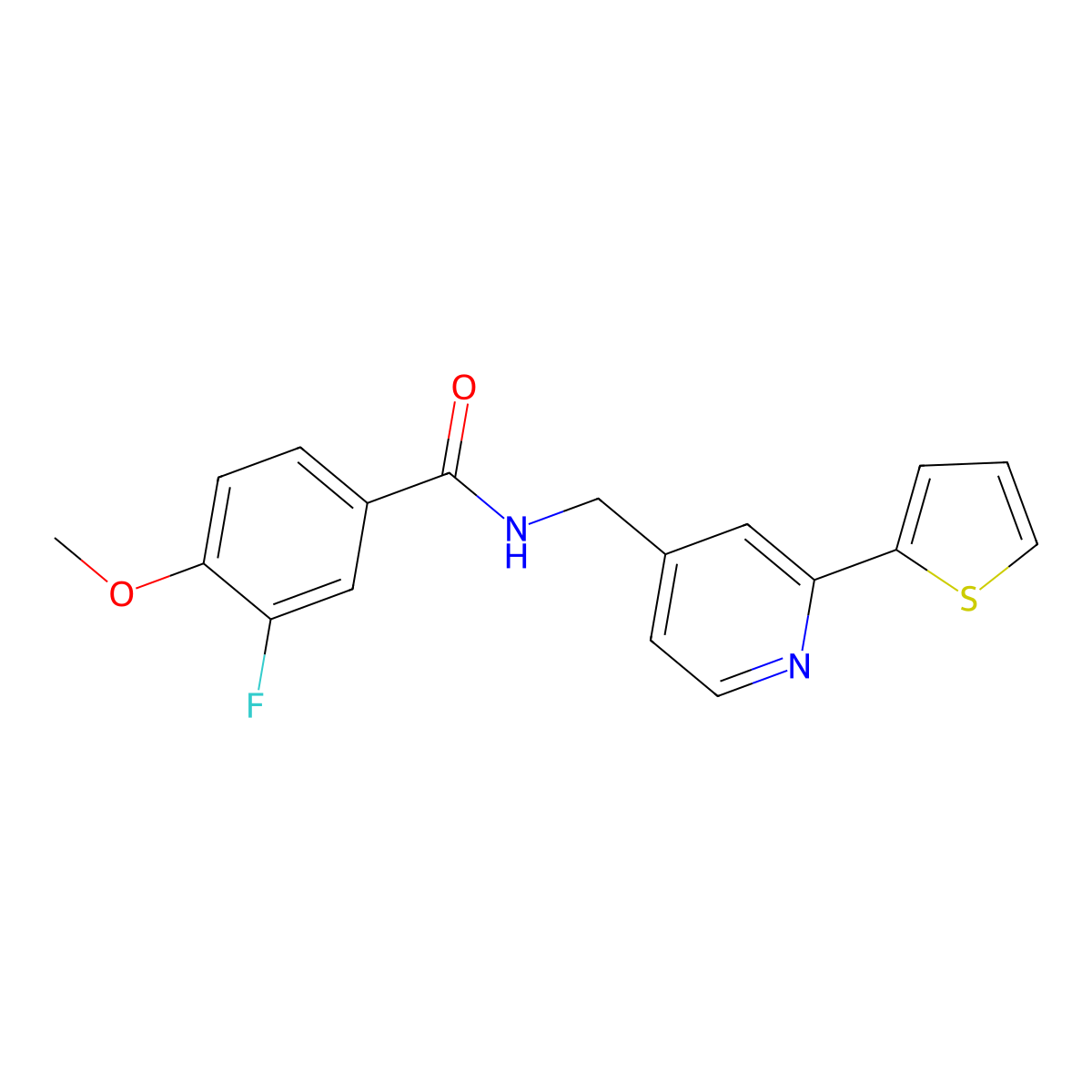 3-fluoro-4-methoxy-N-((2-(thiophen-2-yl)pyridin-4-yl)methyl)benzamide molecular structure, CAS 2034271-58-2