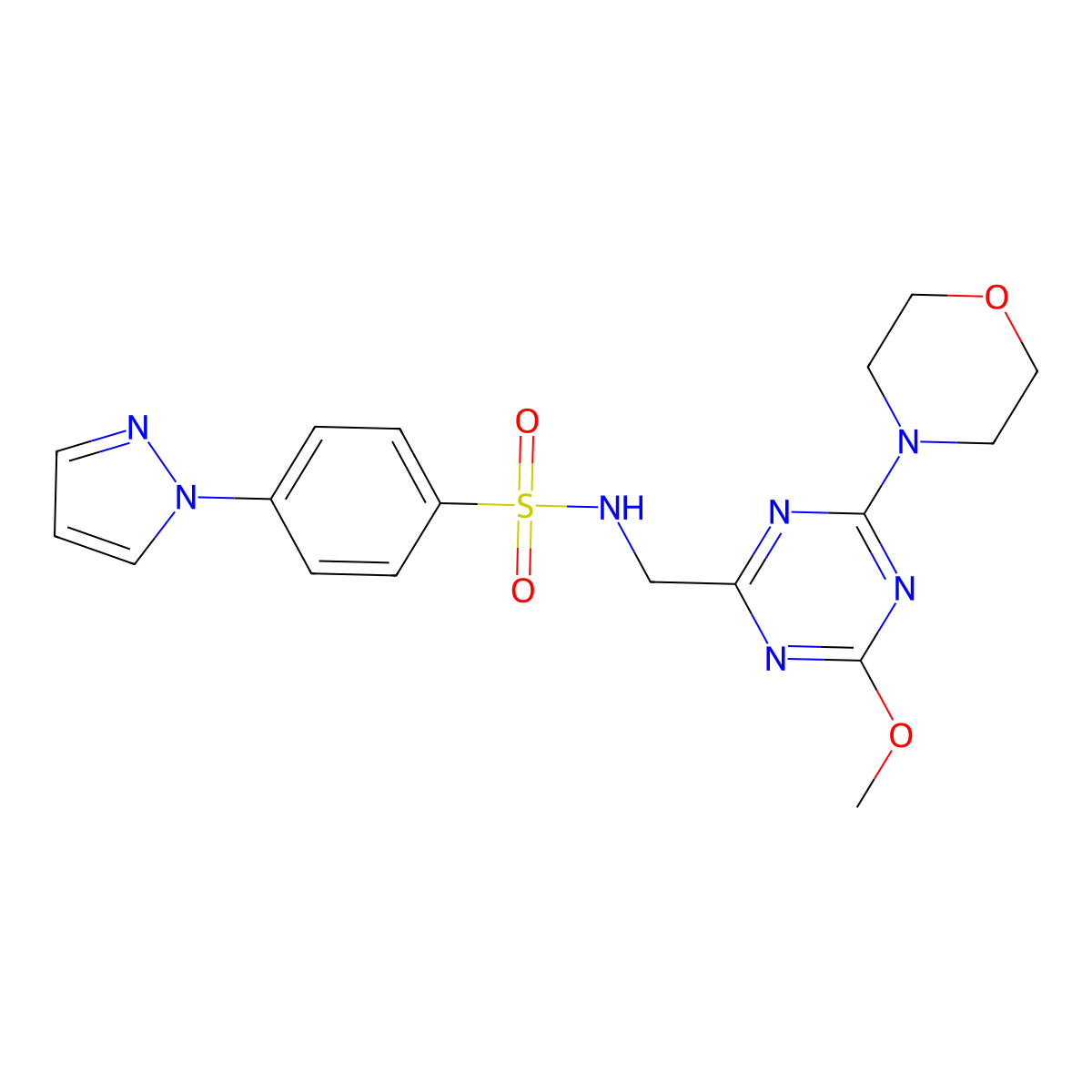 N-((4-methoxy-6-morpholino-1,3,5-triazin-2-yl)methyl)-4-(1H-pyrazol-1-yl)benzenesulfonamide molecular structure, CAS 2034271-59-3