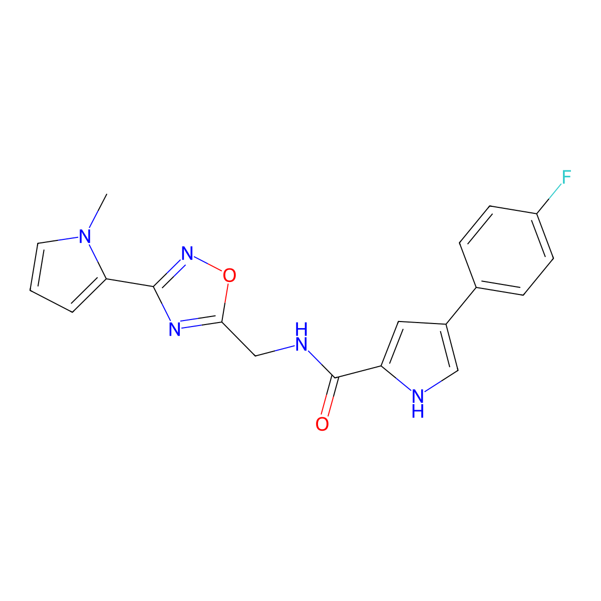 4-(4-fluorophenyl)-N-((3-(1-methyl-1H-pyrrol-2-yl)-1,2,4-oxadiazol-5-yl)methyl)-1H-pyrrole-2-carboxamide molecular structure, CAS 2034271-64-0