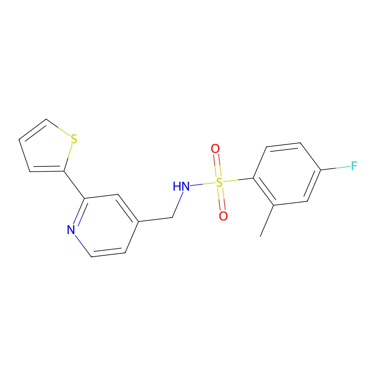 4-fluoro-2-methyl-N-((2-(thiophen-2-yl)pyridin-4-yl)methyl)benzenesulfonamide molecular structure, CAS 2034271-77-5