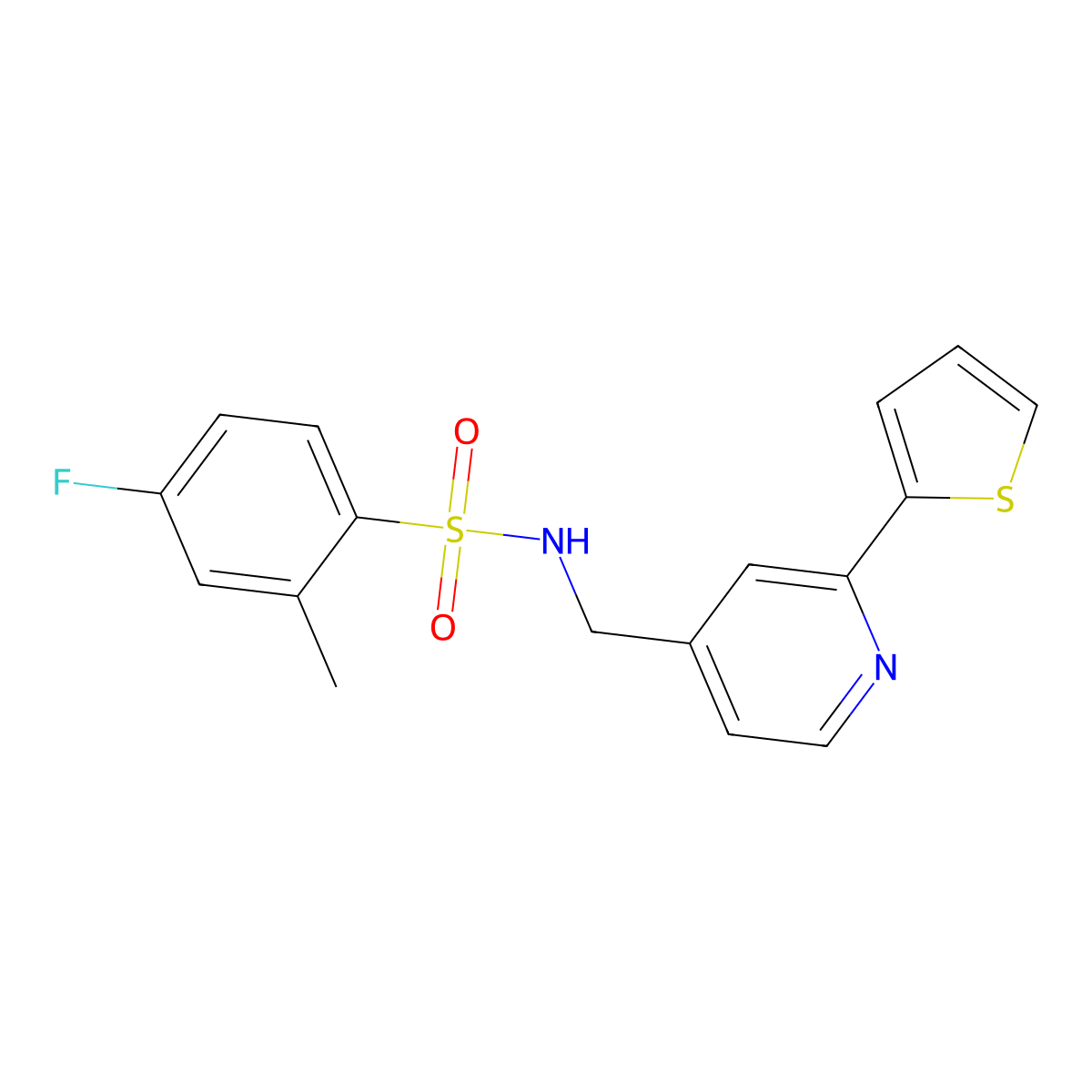 4-fluoro-2-methyl-N-((2-(thiophen-2-yl)pyridin-4-yl)methyl)benzenesulfonamide molecular structure, CAS 2034271-77-5