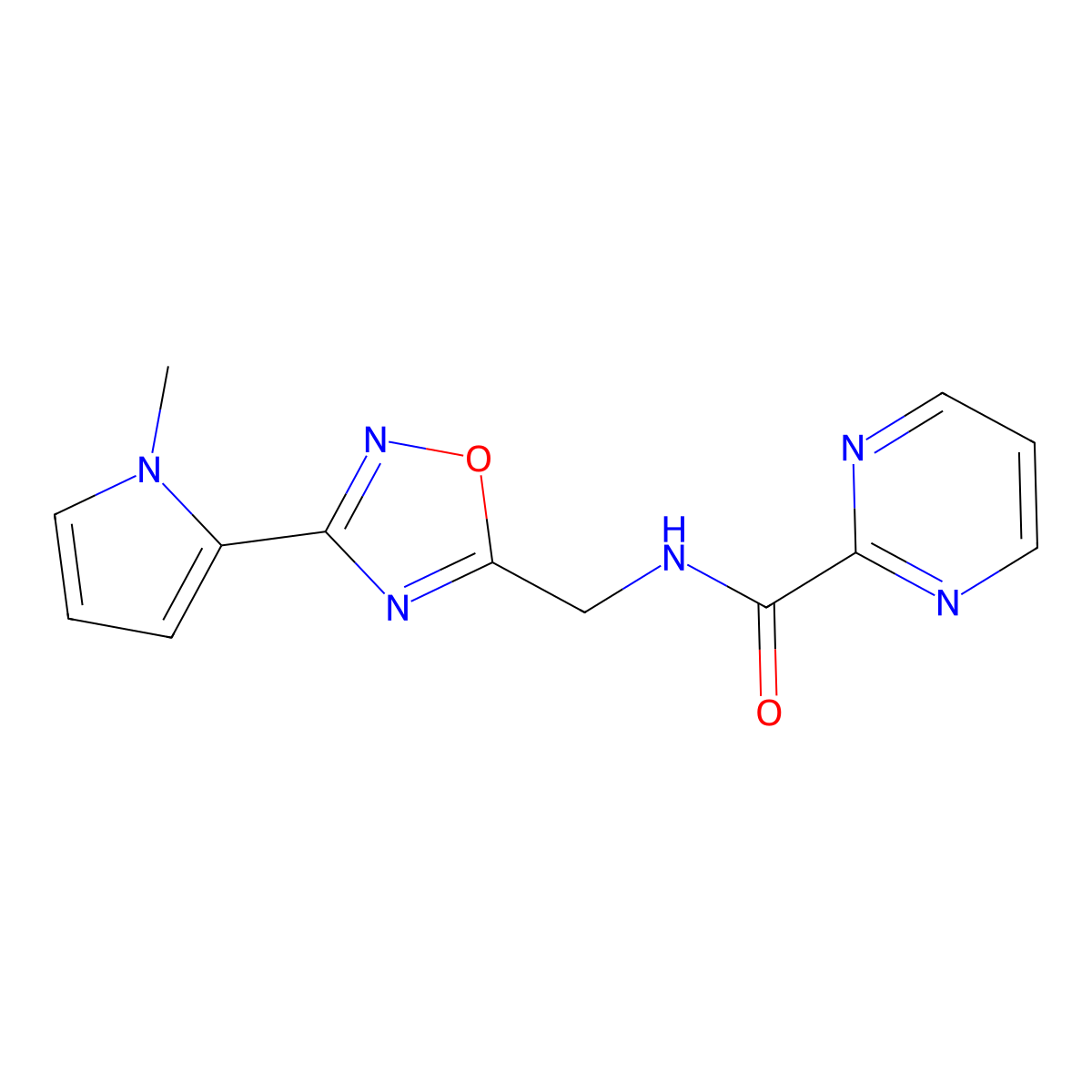 N-((3-(1-methyl-1H-pyrrol-2-yl)-1,2,4-oxadiazol-5-yl)methyl)pyrimidine-2-carboxamide molecular structure, CAS 2034271-96-8
