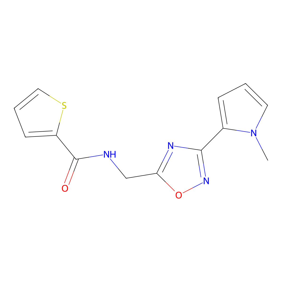 N-((3-(1-methyl-1H-pyrrol-2-yl)-1,2,4-oxadiazol-5-yl)methyl)thiophene-2-carboxamide molecular structure, CAS 2034272-00-7