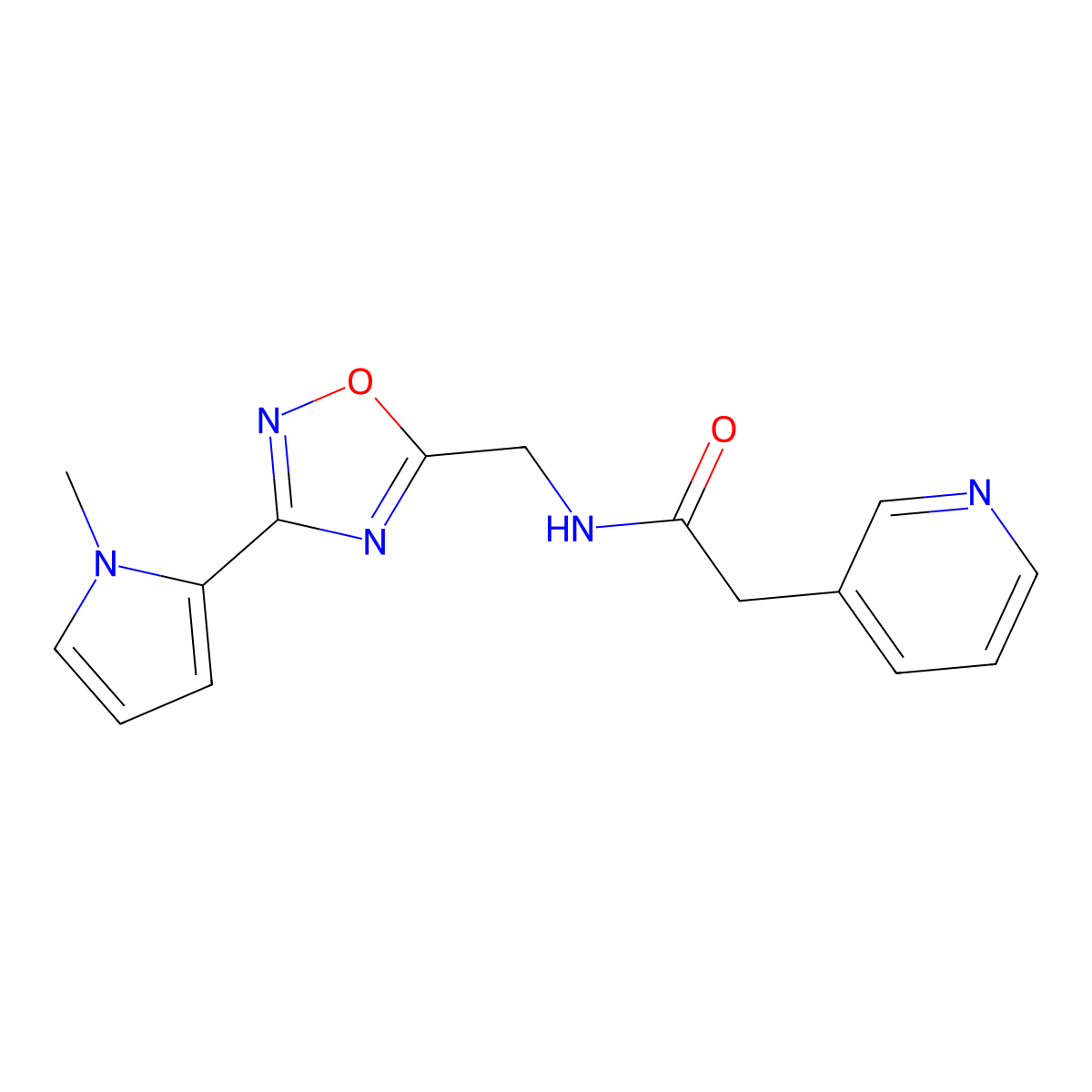 N-{[3-(1-methyl-1H-pyrrol-2-yl)-1,2,4-oxadiazol-5-yl]methyl}-2-(pyridin-3-yl)acetamide molecular structure, CAS 2034272-10-9