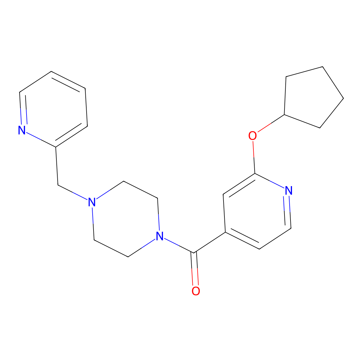 (2-(Cyclopentyloxy)pyridin-4-yl)(4-(pyridin-2-ylmethyl)piperazin-1-yl)methanone molecular structure, CAS 2034272-38-1