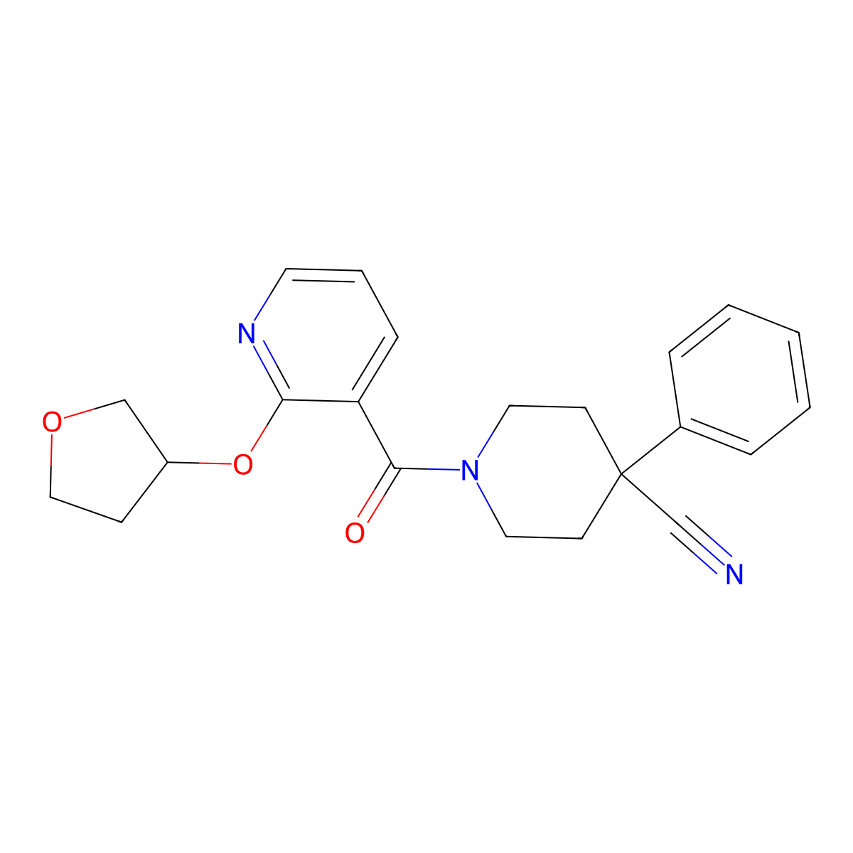 4-Phenyl-1-(2-((tetrahydrofuran-3-yl)oxy)nicotinoyl)piperidine-4-carbonitrile molecular structure, CAS 2034272-41-6