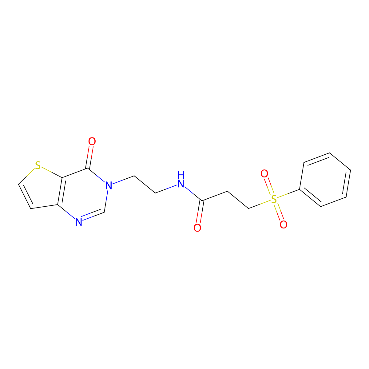 N-(2-(4-oxothieno[3,2-d]pyrimidin-3(4H)-yl)ethyl)-3-(phenylsulfonyl)propanamide molecular structure, CAS 2034272-42-7
