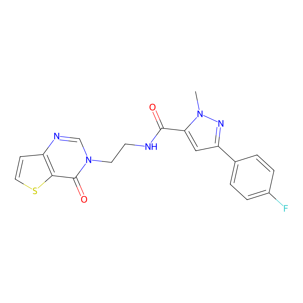 3-(4-fluorophenyl)-1-methyl-N-(2-(4-oxothieno[3,2-d]pyrimidin-3(4H)-yl)ethyl)-1H-pyrazole-5-carboxamide molecular structure, CAS 2034272-57-4