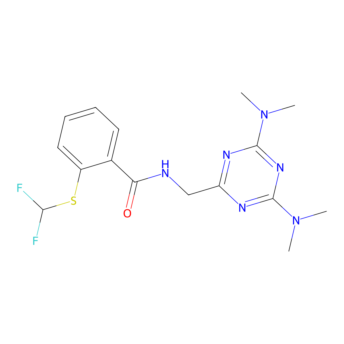 N-((4,6-bis(dimethylamino)-1,3,5-triazin-2-yl)methyl)-2-((difluoromethyl)thio)benzamide molecular structure, CAS 2034272-86-9