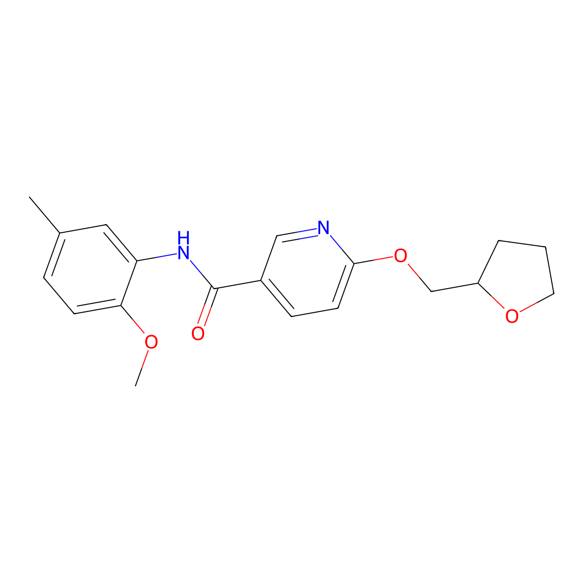 N-(2-methoxy-5-methylphenyl)-6-((tetrahydrofuran-2-yl)methoxy)nicotinamide molecular structure, CAS 2034272-96-1