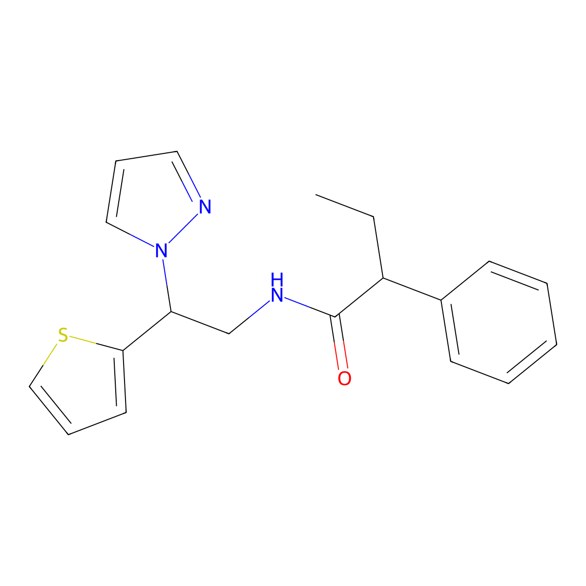 N-(2-(1H-pyrazol-1-yl)-2-(thiophen-2-yl)ethyl)-2-phenylbutanamide molecular structure, CAS 2034273-03-3