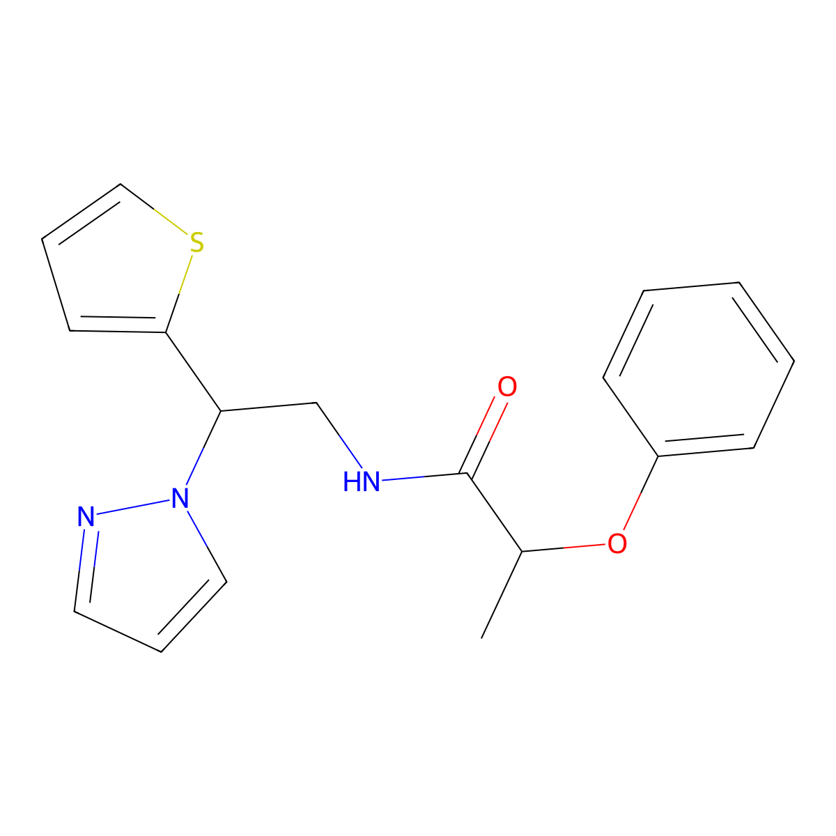 N-(2-(1H-pyrazol-1-yl)-2-(thiophen-2-yl)ethyl)-2-phenoxypropanamide molecular structure, CAS 2034273-11-3