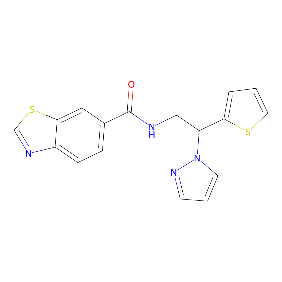 N-(2-(1H-pyrazol-1-yl)-2-(thiophen-2-yl)ethyl)benzo[d]thiazole-6-carboxamide molecular structure, CAS 2034273-18-0