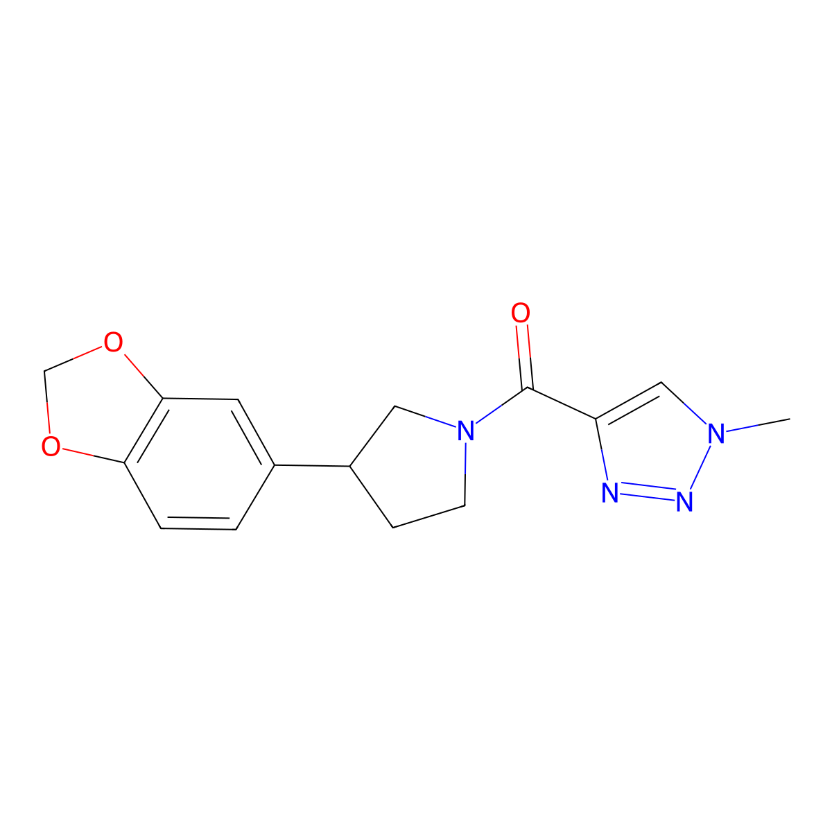 (3-(benzo[d][1,3]dioxol-5-yl)pyrrolidin-1-yl)(1-methyl-1H-1,2,3-triazol-4-yl)methanone molecular structure, CAS 2034273-20-4