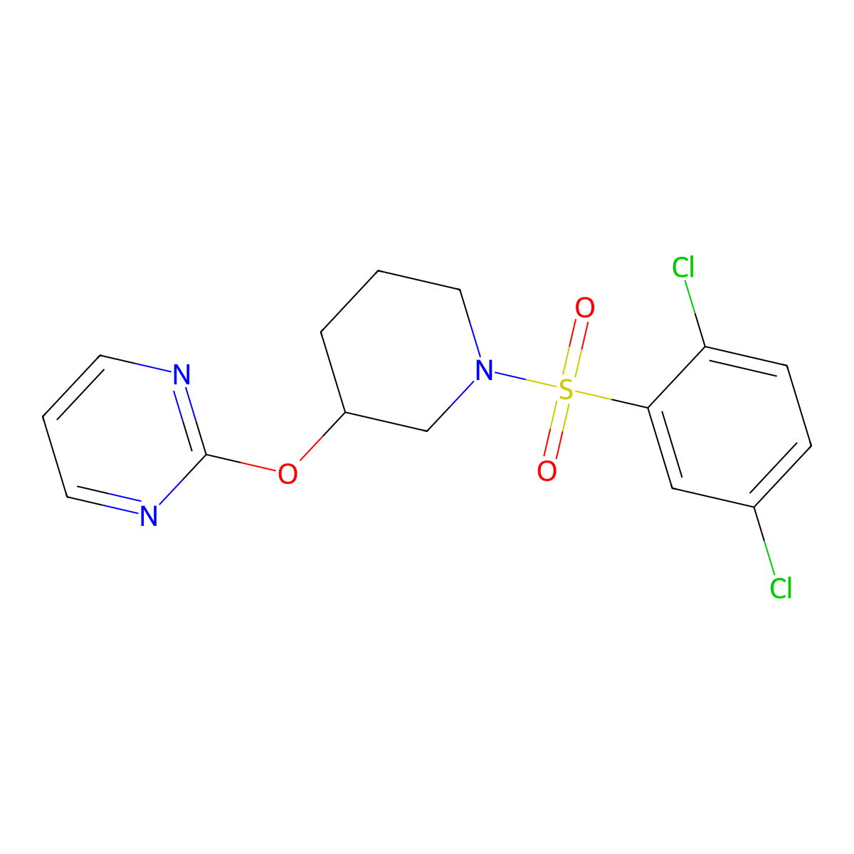 2-((1-((2,5-Dichlorophenyl)sulfonyl)piperidin-3-yl)oxy)pyrimidine molecular structure, CAS 2034273-22-6