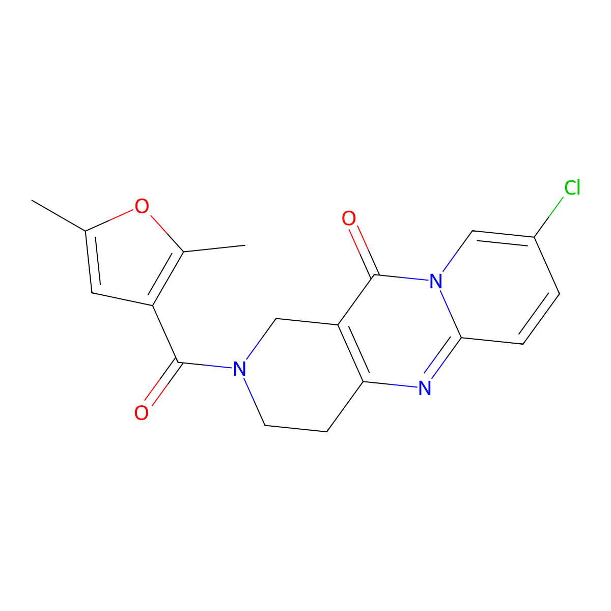 8-chloro-2-(2,5-dimethylfuran-3-carbonyl)-3,4-dihydro-1H-dipyrido[1,2-a:4',3'-d]pyrimidin-11(2H)-one molecular structure, CAS 2034273-25-9