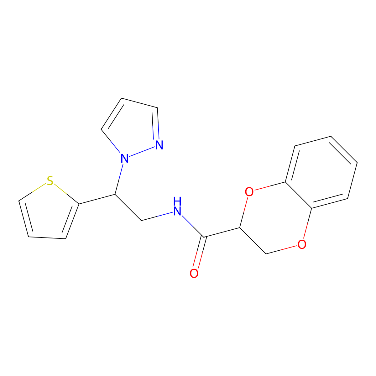 N-(2-(1H-pyrazol-1-yl)-2-(thiophen-2-yl)ethyl)-2,3-dihydrobenzo[b][1,4]dioxine-2-carboxamide molecular structure, CAS 2034273-26-0