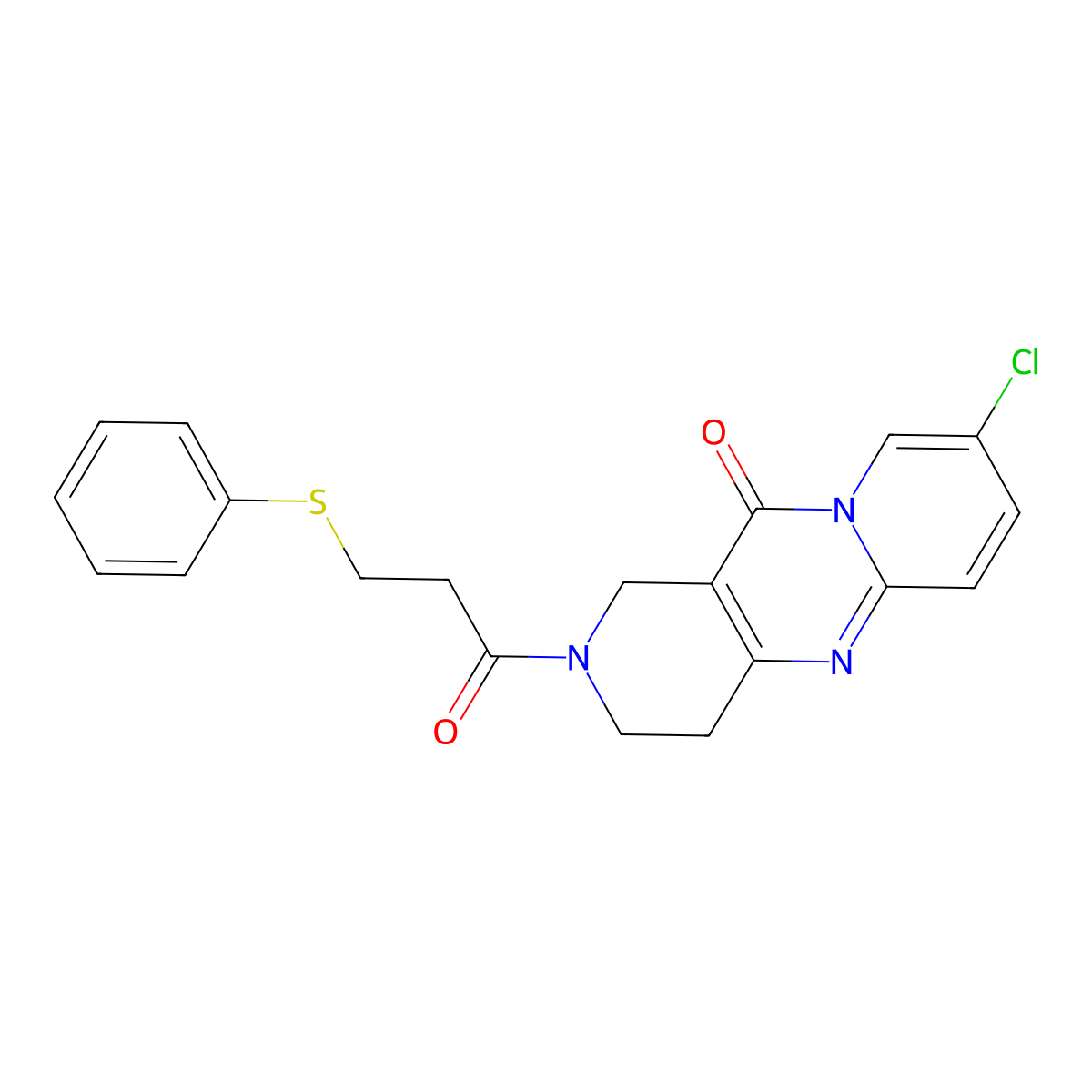8-chloro-2-(3-(phenylthio)propanoyl)-3,4-dihydro-1H-dipyrido[1,2-a:4',3'-d]pyrimidin-11(2H)-one molecular structure, CAS 2034273-31-7