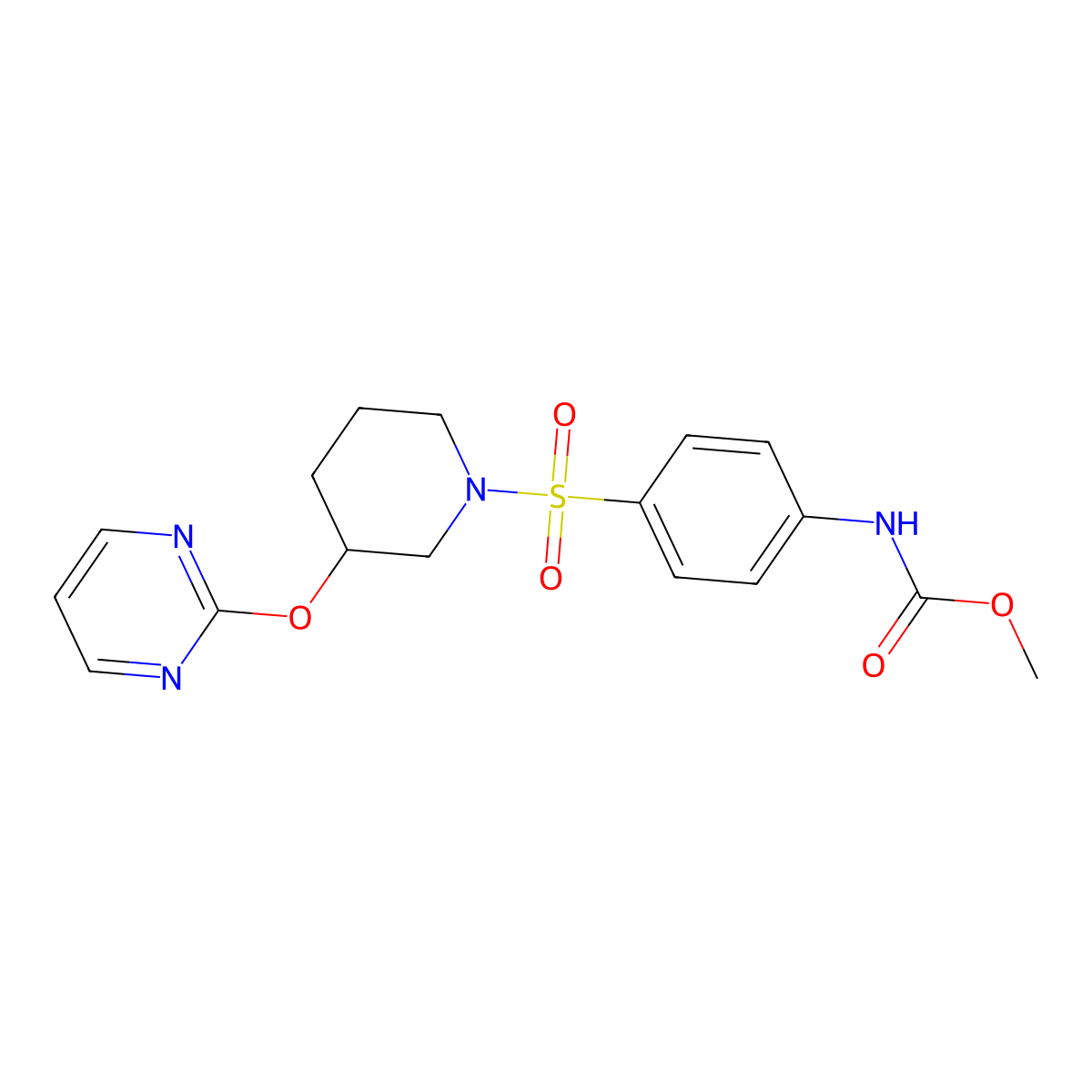 Methyl (4-((3-(pyrimidin-2-yloxy)piperidin-1-yl)sulfonyl)phenyl)carbamate molecular structure, CAS 2034273-39-5