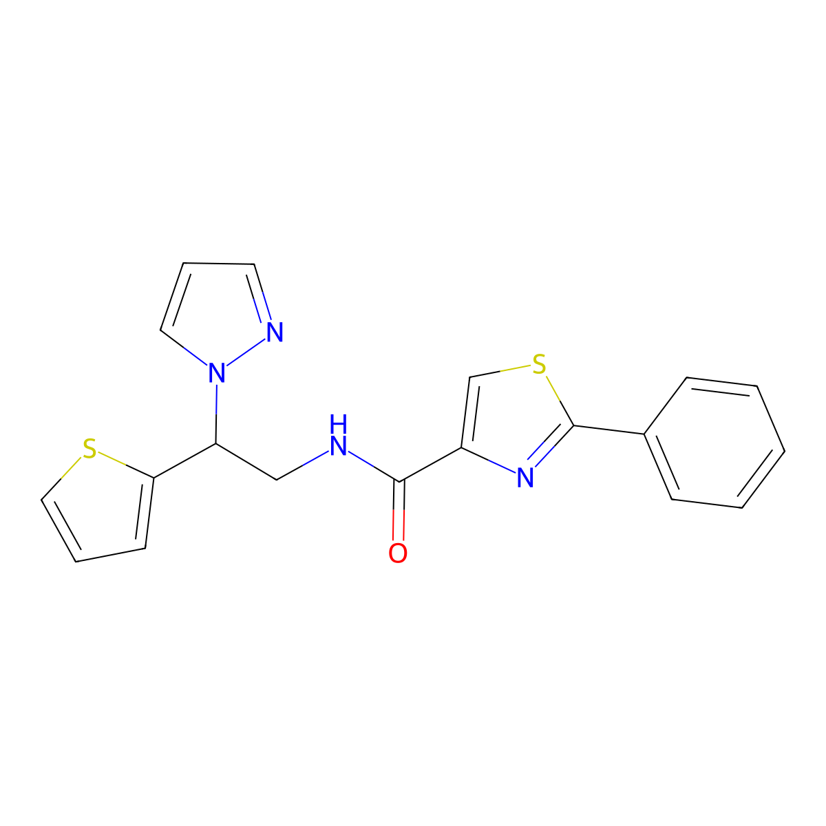 N-(2-(1H-pyrazol-1-yl)-2-(thiophen-2-yl)ethyl)-2-phenylthiazole-4-carboxamide molecular structure, CAS 2034273-41-9