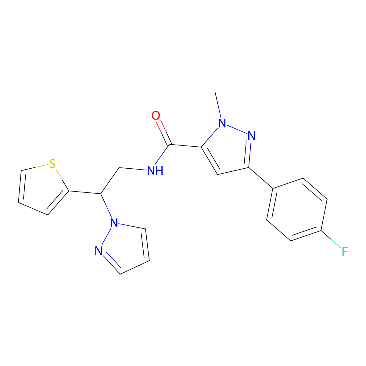 3-(4-fluorophenyl)-1-methyl-N-[2-(1H-pyrazol-1-yl)-2-(thiophen-2-yl)ethyl]-1H-pyrazole-5-carboxamide molecular structure, CAS 2034273-45-3