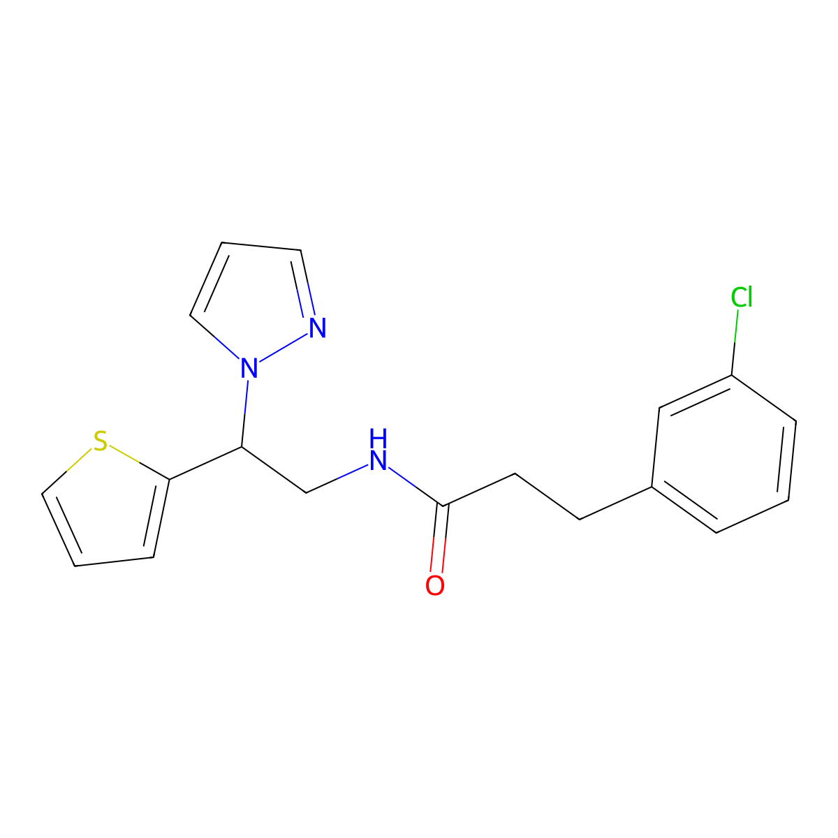 N-(2-(1H-pyrazol-1-yl)-2-(thiophen-2-yl)ethyl)-3-(3-chlorophenyl)propanamide molecular structure, CAS 2034273-49-7
