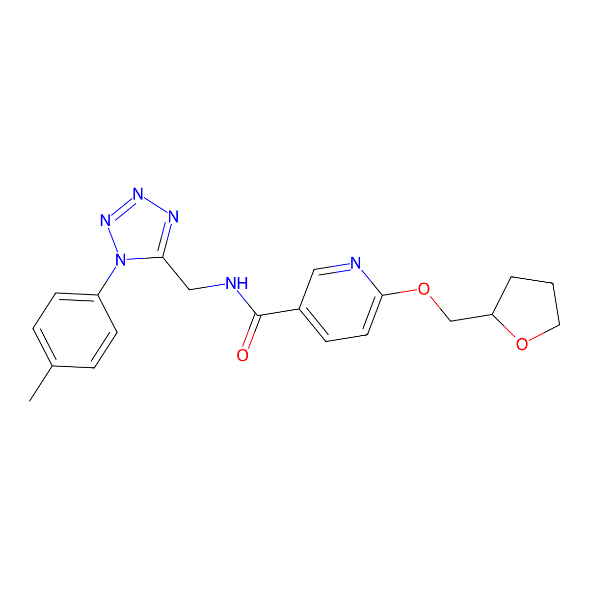 6-((tetrahydrofuran-2-yl)methoxy)-N-((1-(p-tolyl)-1H-tetrazol-5-yl)methyl)nicotinamide molecular structure, CAS 2034273-51-1