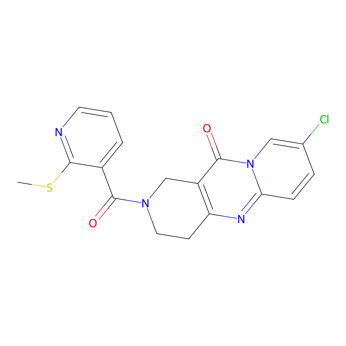 8-chloro-2-(2-(methylthio)nicotinoyl)-3,4-dihydro-1H-dipyrido[1,2-a:4',3'-d]pyrimidin-11(2H)-one molecular structure, CAS 2034273-56-6