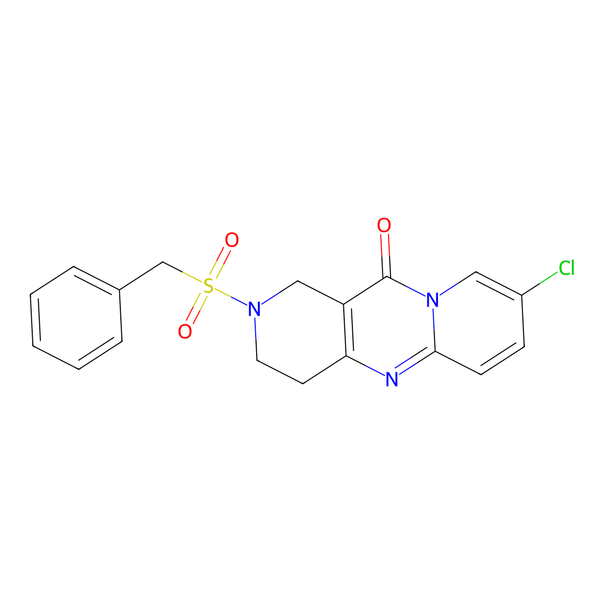 2-(benzylsulfonyl)-8-chloro-3,4-dihydro-1H-dipyrido[1,2-a:4',3'-d]pyrimidin-11(2H)-one molecular structure, CAS 2034273-74-8