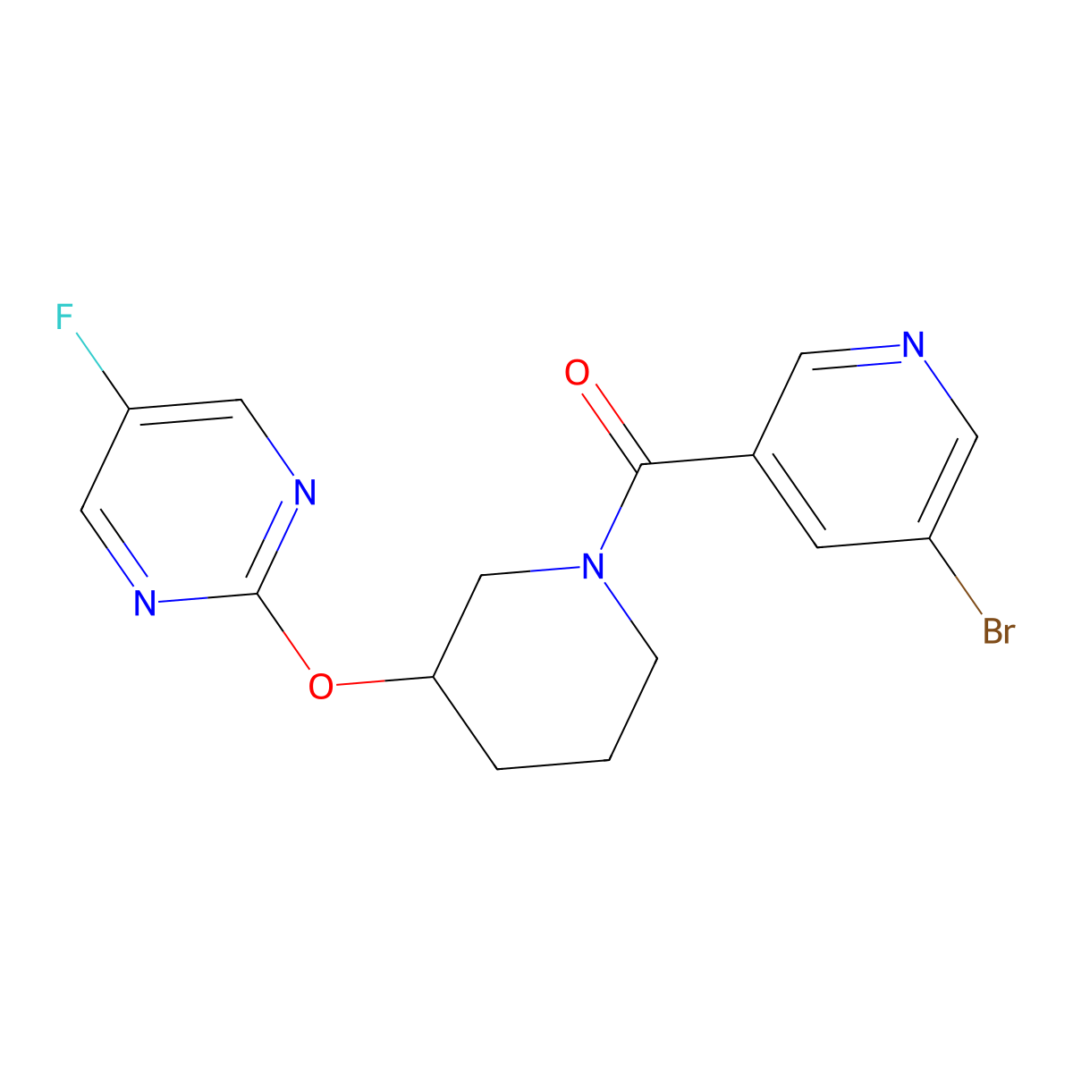 (5-Bromopyridin-3-yl)(3-((5-fluoropyrimidin-2-yl)oxy)piperidin-1-yl)methanone molecular structure, CAS 2034273-75-9