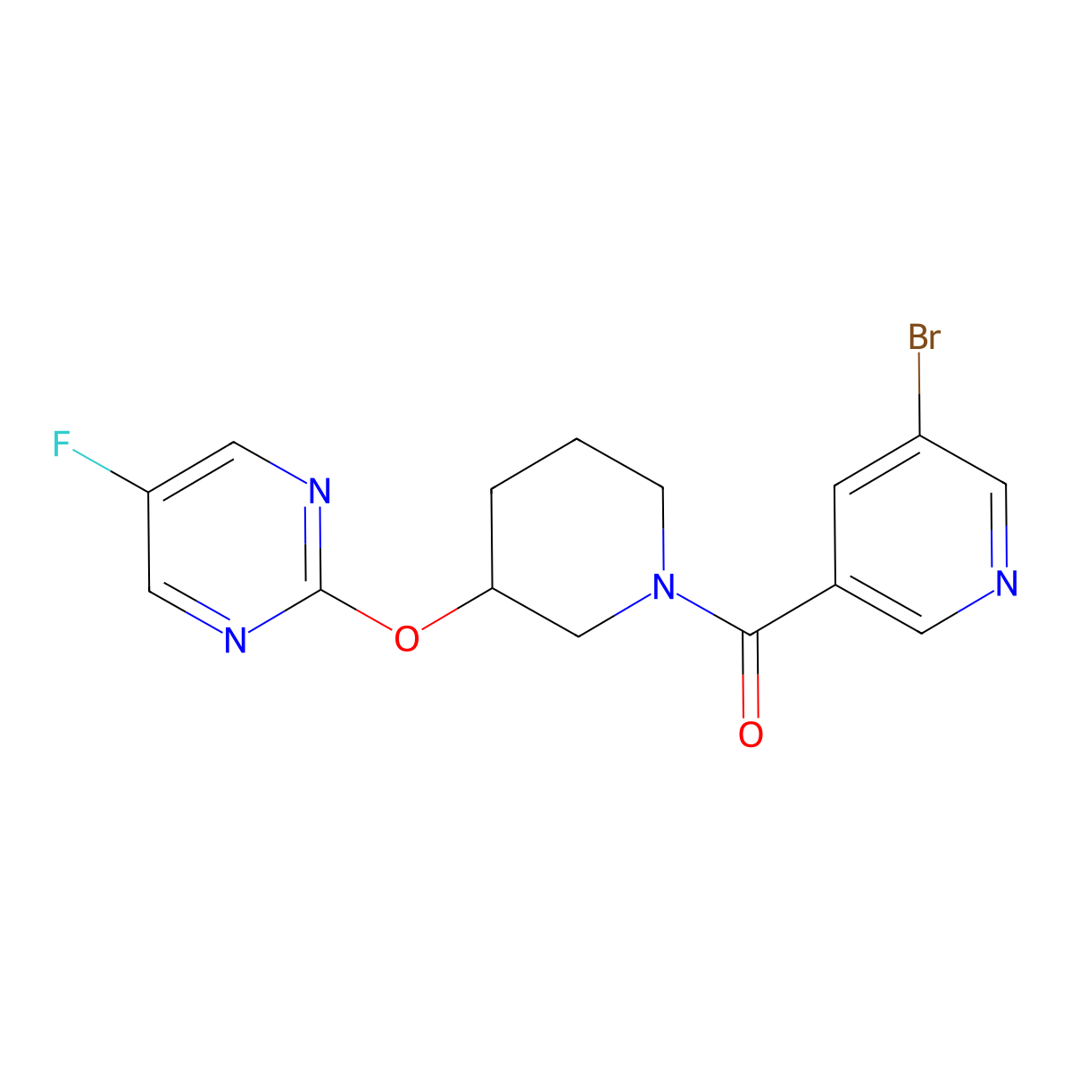 (5-Bromopyridin-3-yl)(3-((5-fluoropyrimidin-2-yl)oxy)piperidin-1-yl)methanone molecular structure, CAS 2034273-75-9