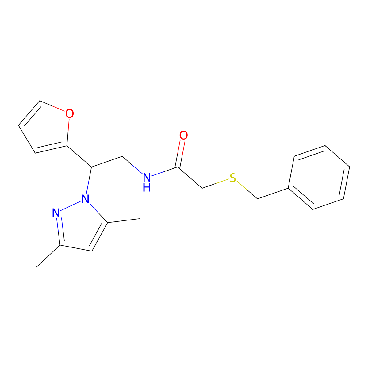 2-(benzylthio)-N-(2-(3,5-dimethyl-1H-pyrazol-1-yl)-2-(furan-2-yl)ethyl)acetamide molecular structure, CAS 2034273-88-4