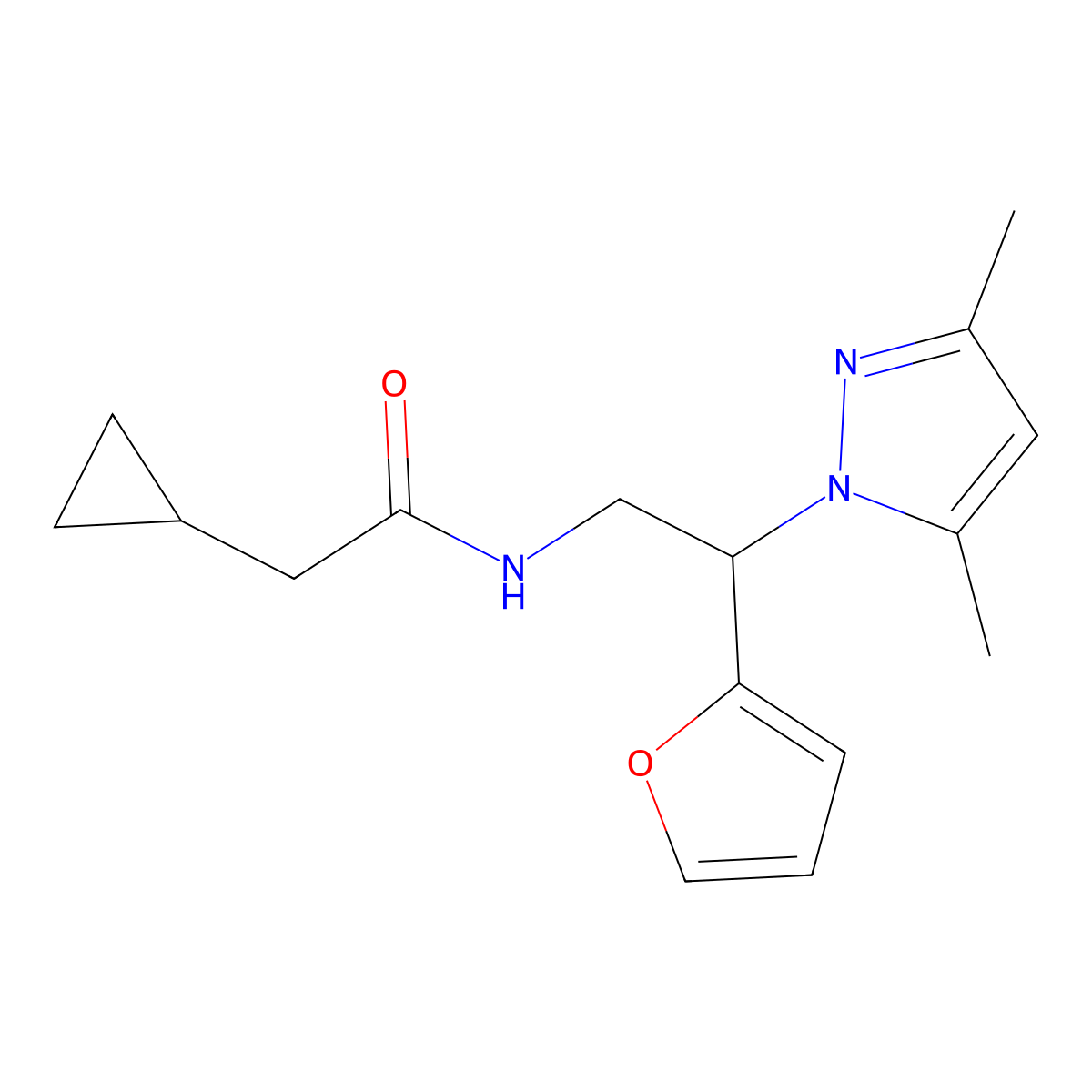 2-cyclopropyl-N-(2-(3,5-dimethyl-1H-pyrazol-1-yl)-2-(furan-2-yl)ethyl)acetamide molecular structure, CAS 2034274-13-8