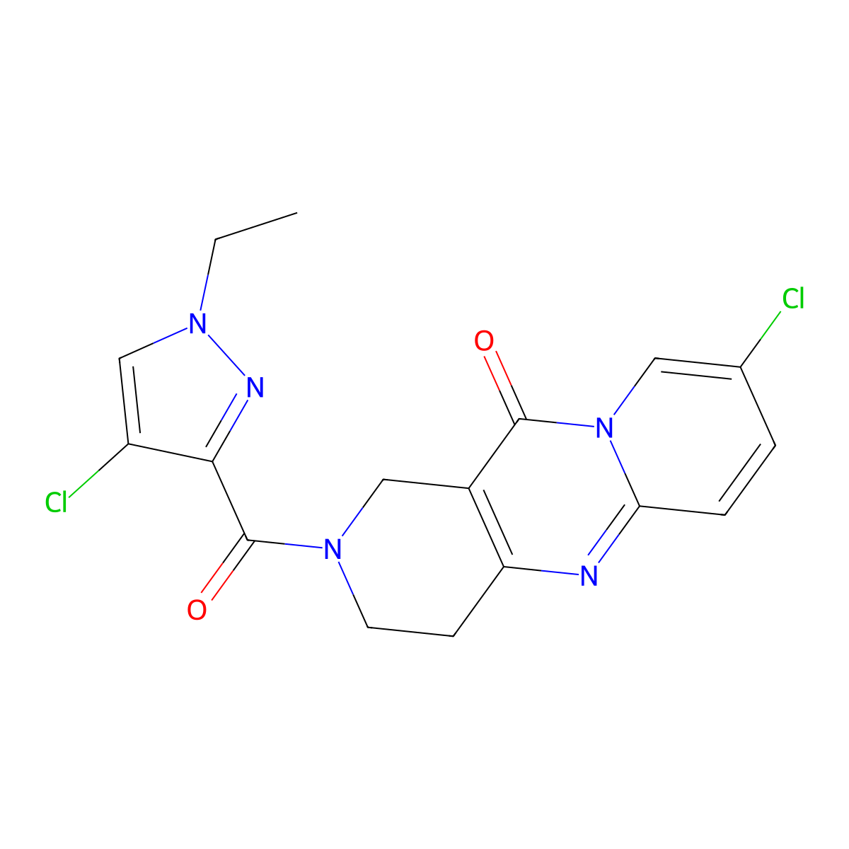 8-chloro-2-(4-chloro-1-ethyl-1H-pyrazole-3-carbonyl)-3,4-dihydro-1H-dipyrido[1,2-a:4',3'-d]pyrimidin-11(2H)-one molecular structure, CAS 2034274-14-9