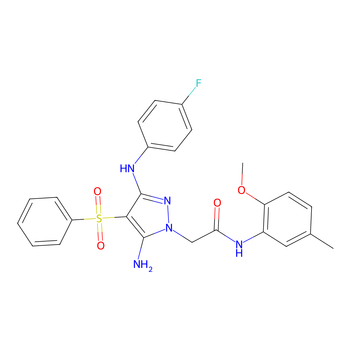 2-(5-amino-3-((4-fluorophenyl)amino)-4-(phenylsulfonyl)-1H-pyrazol-1-yl)-N-(2-methoxy-5-methylphenyl)acetamide molecular structure, CAS 2034274-33-2