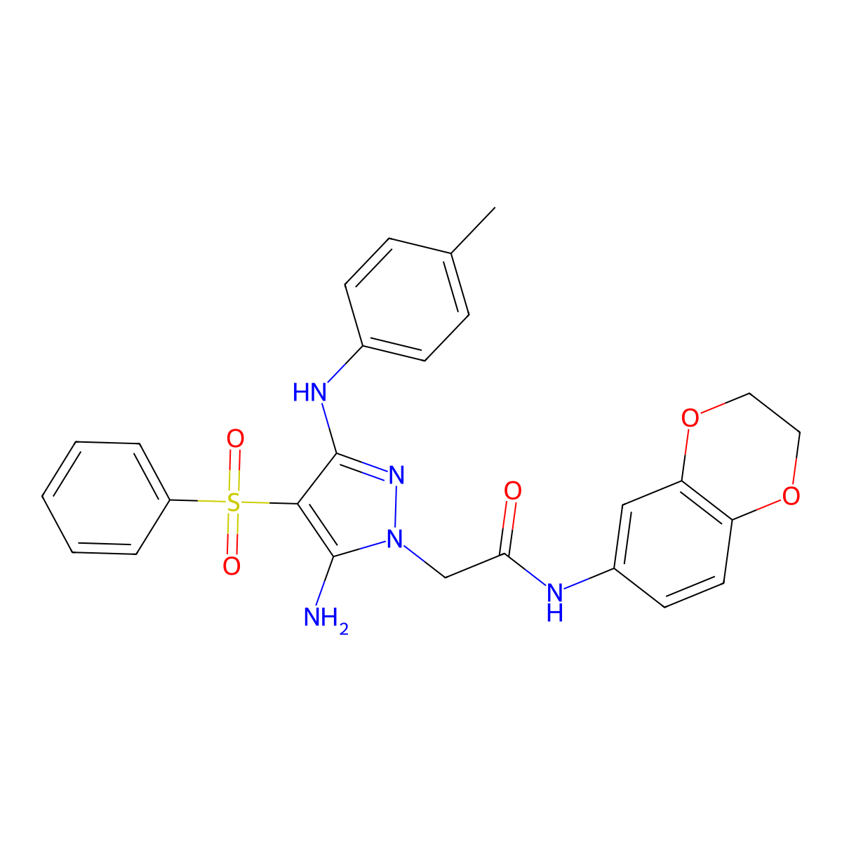 2-(5-amino-4-(phenylsulfonyl)-3-(p-tolylamino)-1H-pyrazol-1-yl)-N-(2,3-dihydrobenzo[b][1,4]dioxin-6-yl)acetamide molecular structure, CAS 2034274-39-8