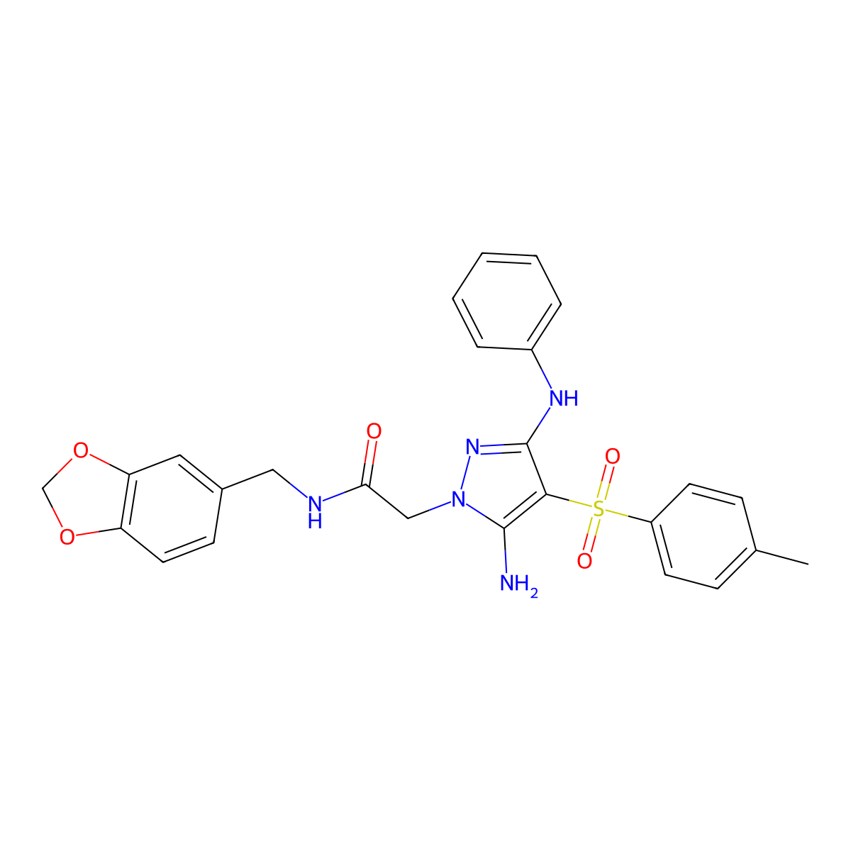 2-(5-amino-3-(phenylamino)-4-tosyl-1H-pyrazol-1-yl)-N-(benzo[d][1,3]dioxol-5-ylmethyl)acetamide molecular structure, CAS 2034274-49-0