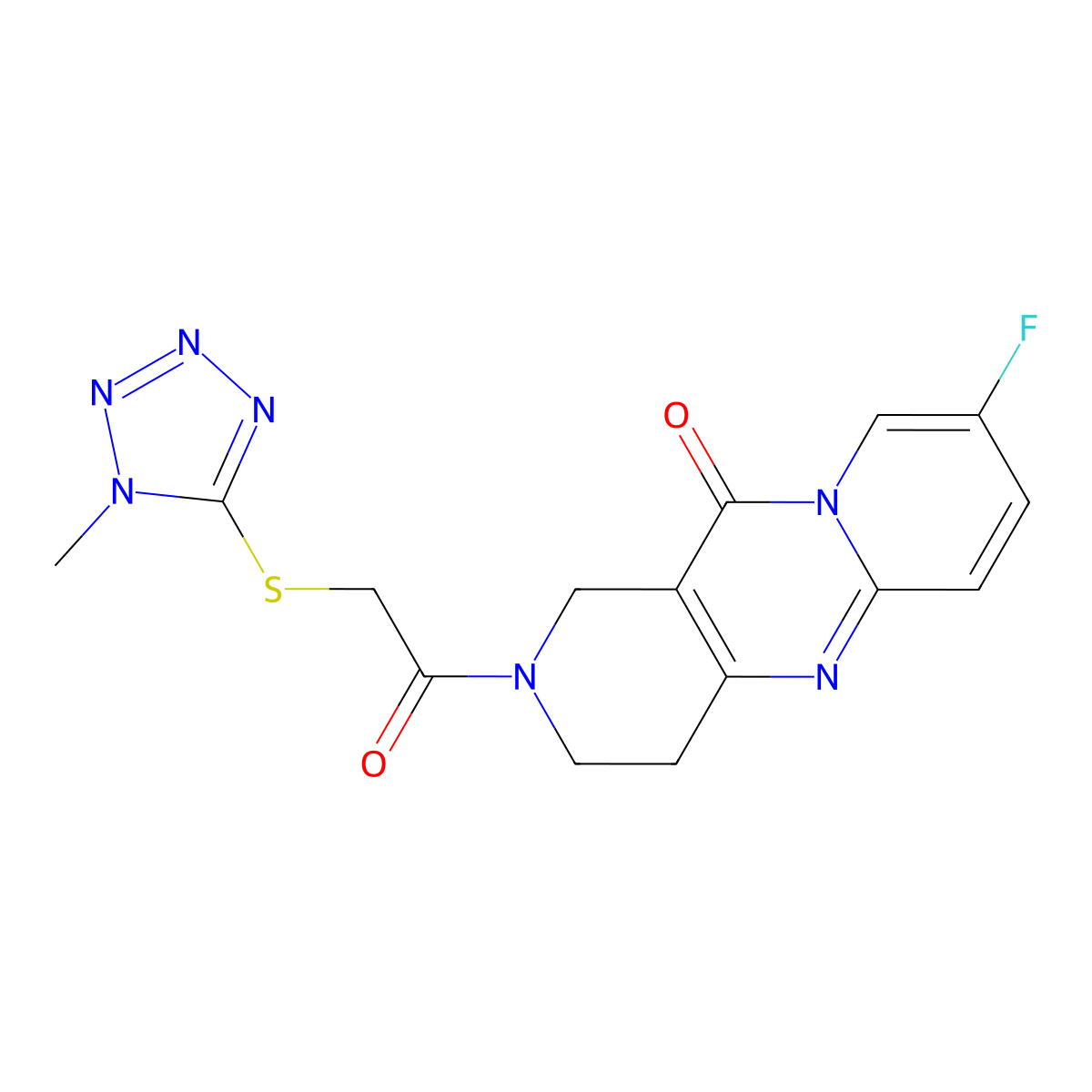 8-fluoro-2-(2-((1-methyl-1H-tetrazol-5-yl)thio)acetyl)-3,4-dihydro-1H-dipyrido[1,2-a:4',3'-d]pyrimidin-11(2H)-one molecular structure, CAS 2034274-53-6