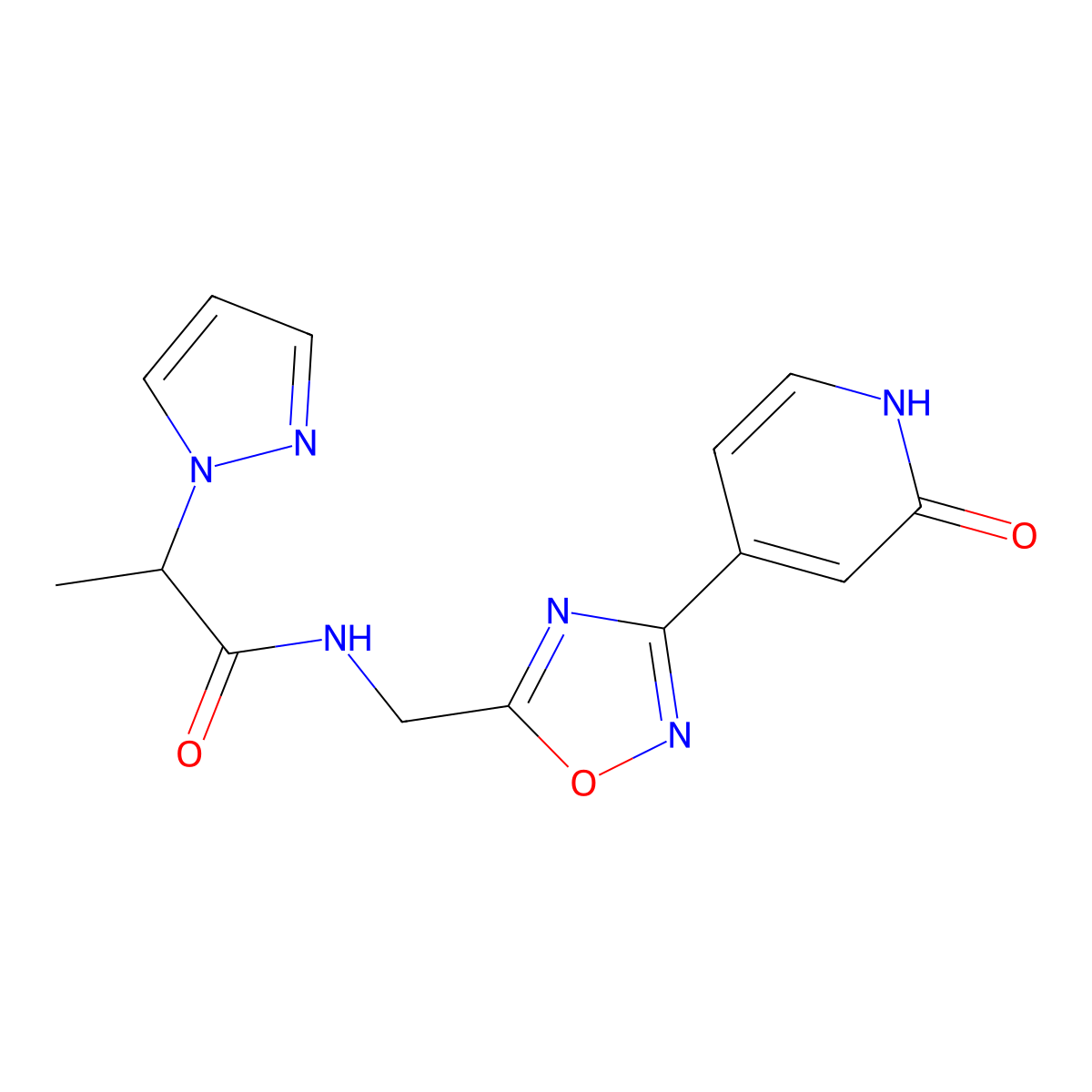 N-((3-(2-oxo-1,2-dihydropyridin-4-yl)-1,2,4-oxadiazol-5-yl)methyl)-2-(1H-pyrazol-1-yl)propanamide molecular structure, CAS 2034274-59-2