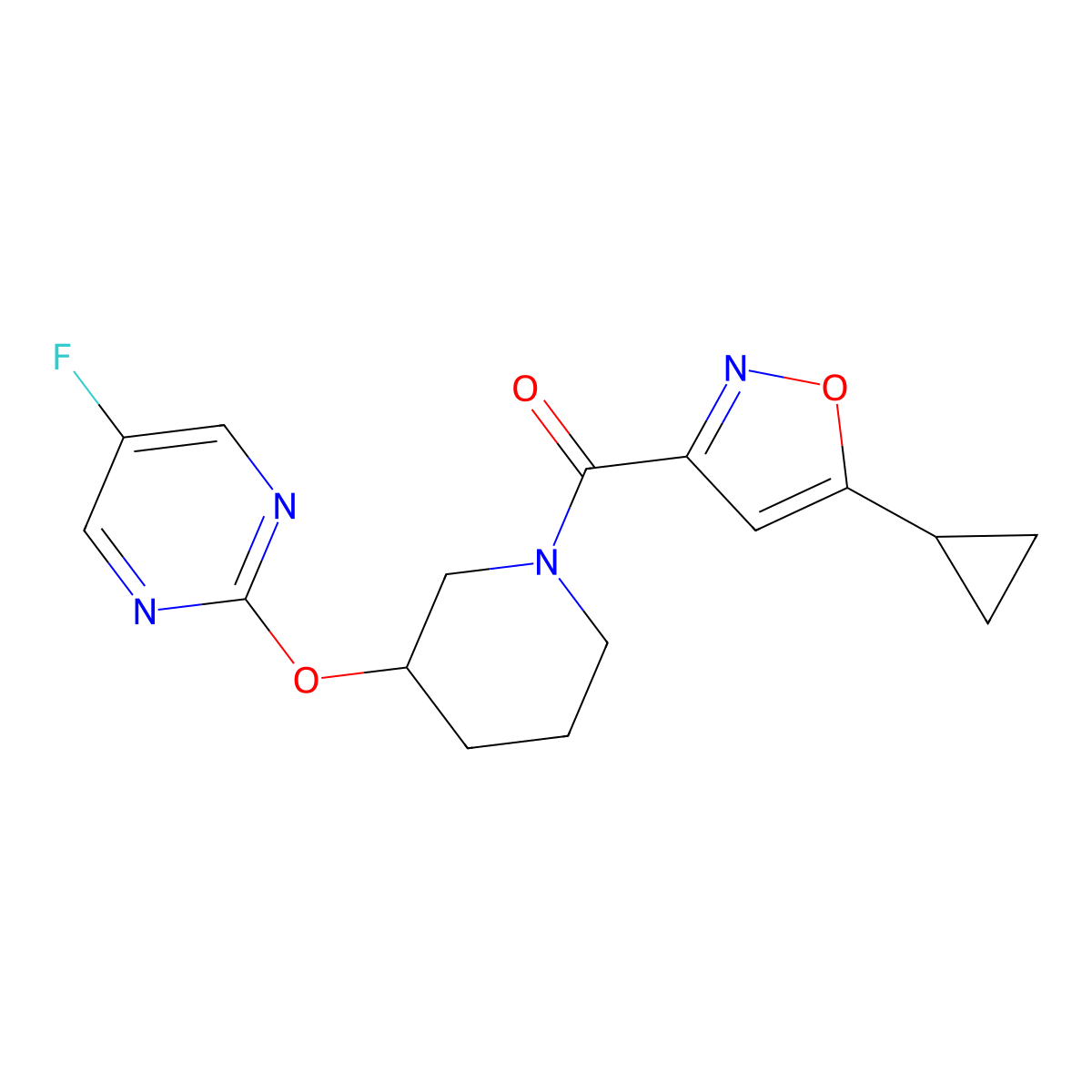 (5-Cyclopropylisoxazol-3-yl)(3-((5-fluoropyrimidin-2-yl)oxy)piperidin-1-yl)methanone molecular structure, CAS 2034274-61-6