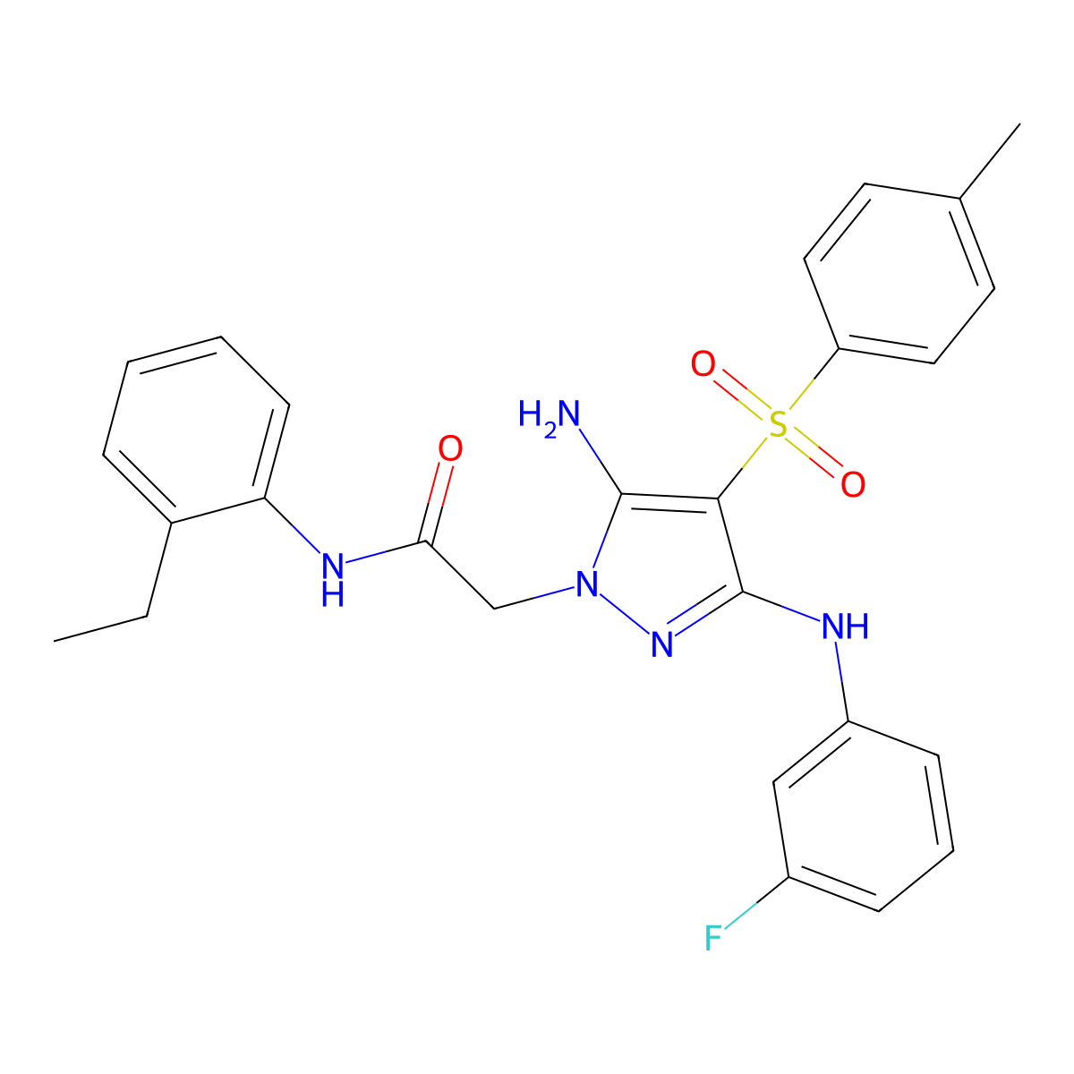 2-(5-amino-3-((3-fluorophenyl)amino)-4-tosyl-1H-pyrazol-1-yl)-N-(2-ethylphenyl)acetamide molecular structure, CAS 2034274-72-9